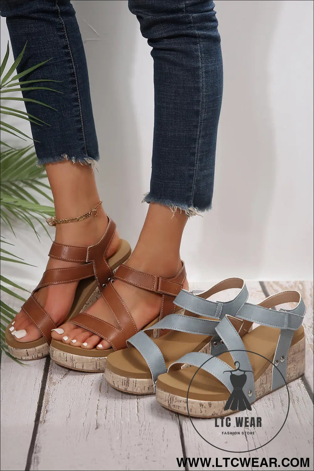 Chestnut Hollow Out Velcro Leather Wedge Sandals - L.T.C Wear Online Fashion Store
