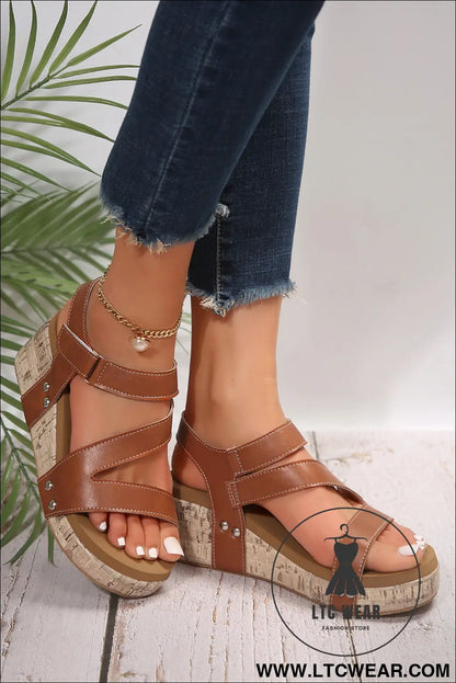 Chestnut Hollow Out Velcro Leather Wedge Sandals - L.T.C Wear Online Fashion Store