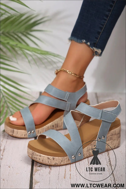 Chestnut Hollow Out Velcro Leather Wedge Sandals - L.T.C Wear Online Fashion Store