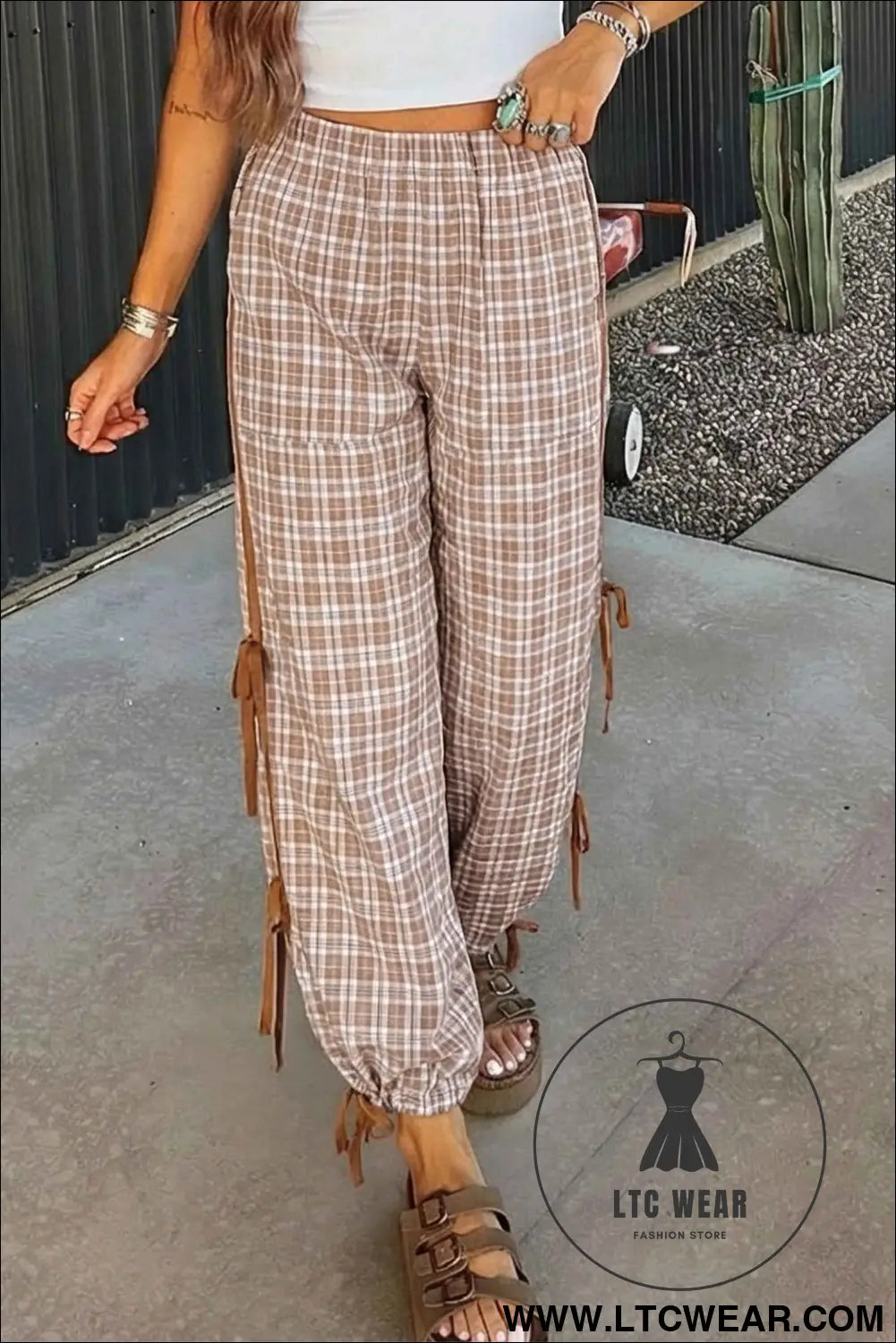 Chestnut Plaid Print Elastic Waist Bow Tie Contrast Detail Jogger Pants