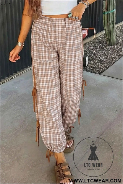 Chestnut Plaid Print Elastic Waist Bow Tie Contrast Detail Jogger Pants