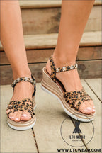 Chestnut rhinestone flower decor leopard strappy wedge sandals - sandals