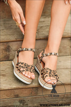 Chestnut rhinestone flower decor leopard strappy wedge sandals - sandals