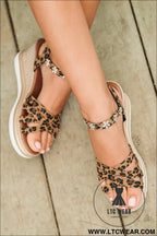 Chestnut rhinestone flower decor leopard strappy wedge sandals - sandals