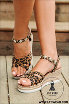 Chestnut rhinestone flower decor leopard strappy wedge sandals - sandals