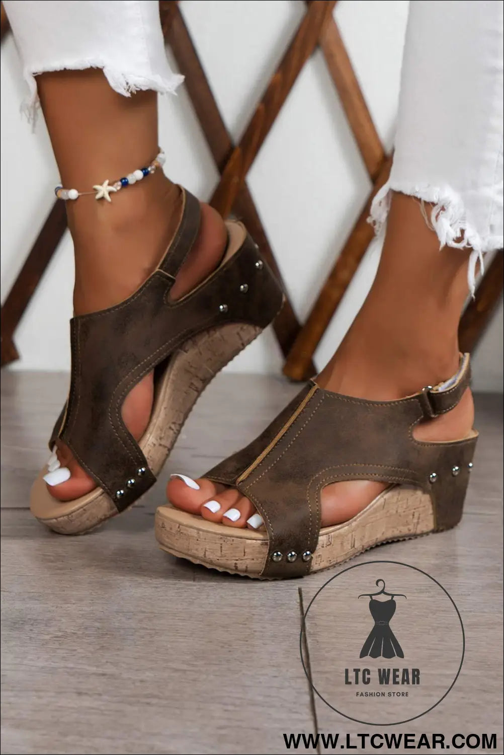 Chestnut suede patched studded cut out wedge sandals - sandals