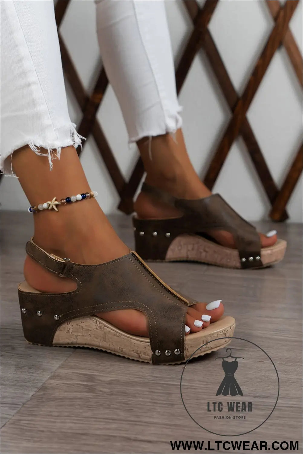 Chestnut suede patched studded cut out wedge sandals - sandals