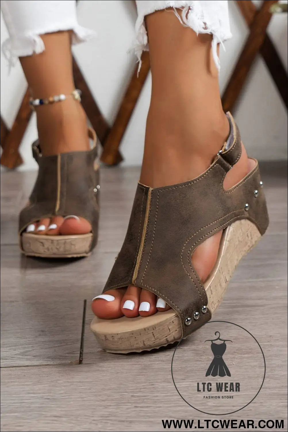 Chestnut suede patched studded cut out wedge sandals - chestnut / 37 - sandals