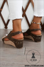 Chestnut suede patched studded cut out wedge sandals - sandals