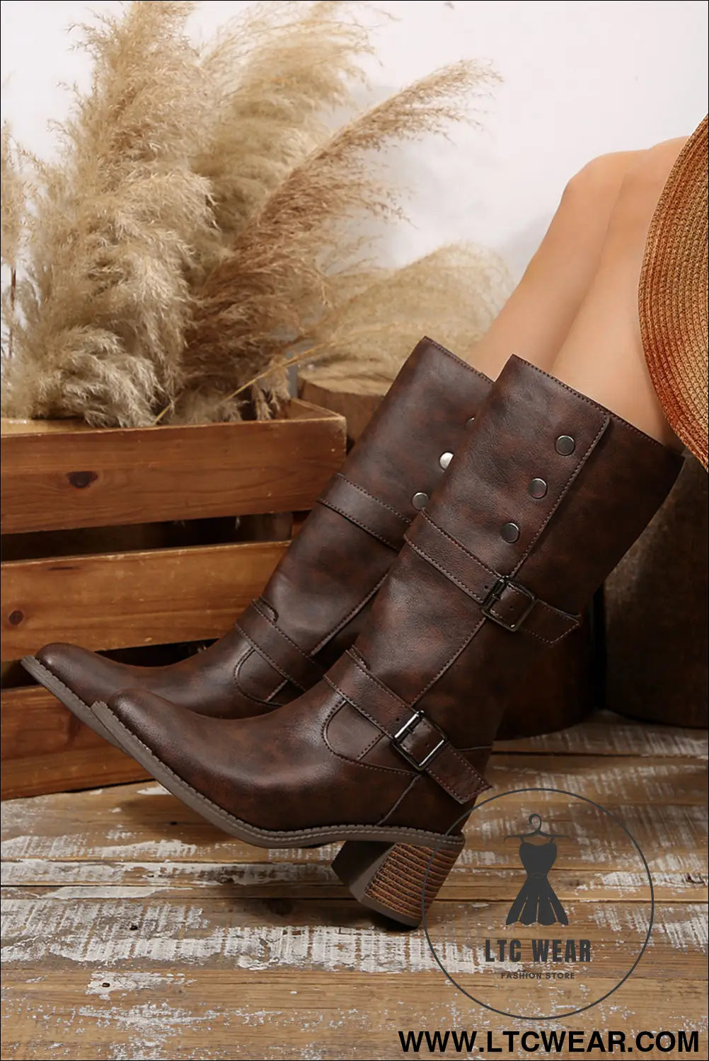 Chestnut vintage pu leather mid calf boots - boots