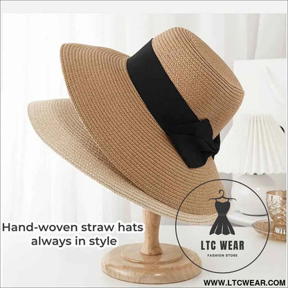 Chic Bowtie Straw Sun Hat Wide Brim Adjustable Lightweight