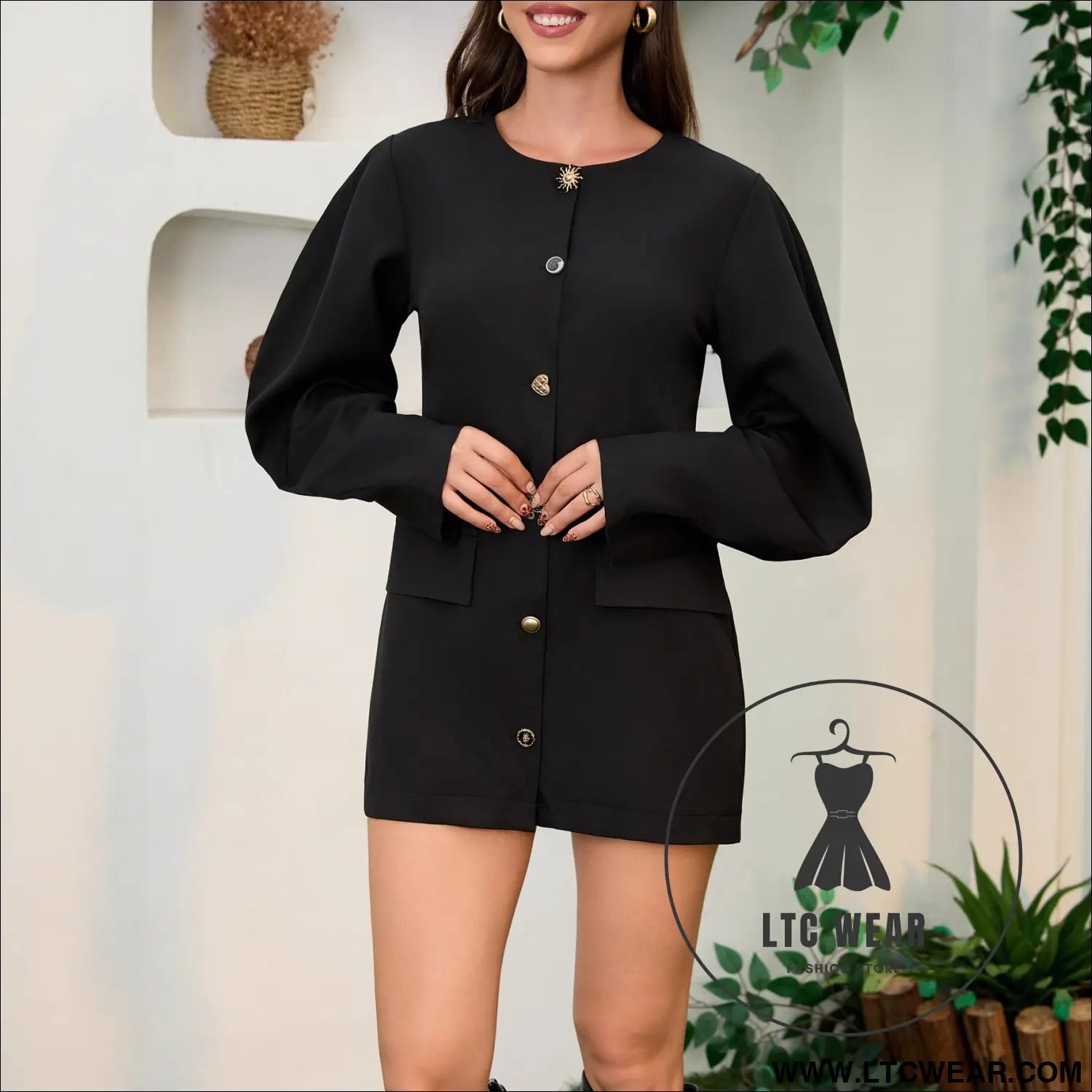 Chic bubble sleeve suit jacket with buttoned waist and round neck dress autumn/winter fashionable casual dress