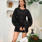 Chic bubble sleeve suit jacket with buttoned waist and round neck dress autumn/winter fashionable casual dress - black