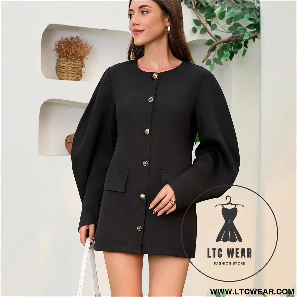 Chic bubble sleeve suit jacket with buttoned waist and round neck dress autumn/winter fashionable casual dress