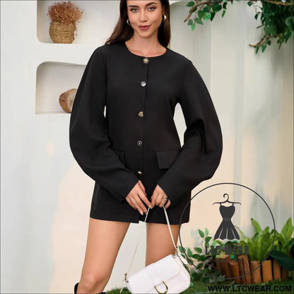 Chic bubble sleeve suit jacket with buttoned waist and round neck dress autumn/winter fashionable casual dress