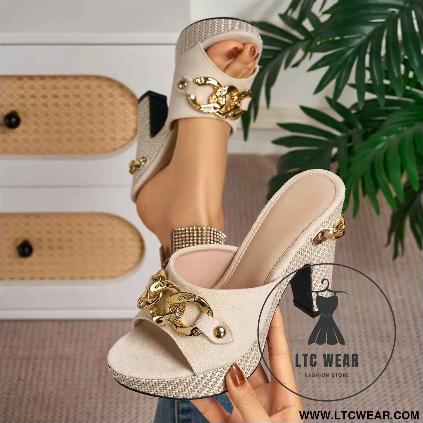 Chic Golden Buckle Chain High Heel Sandals