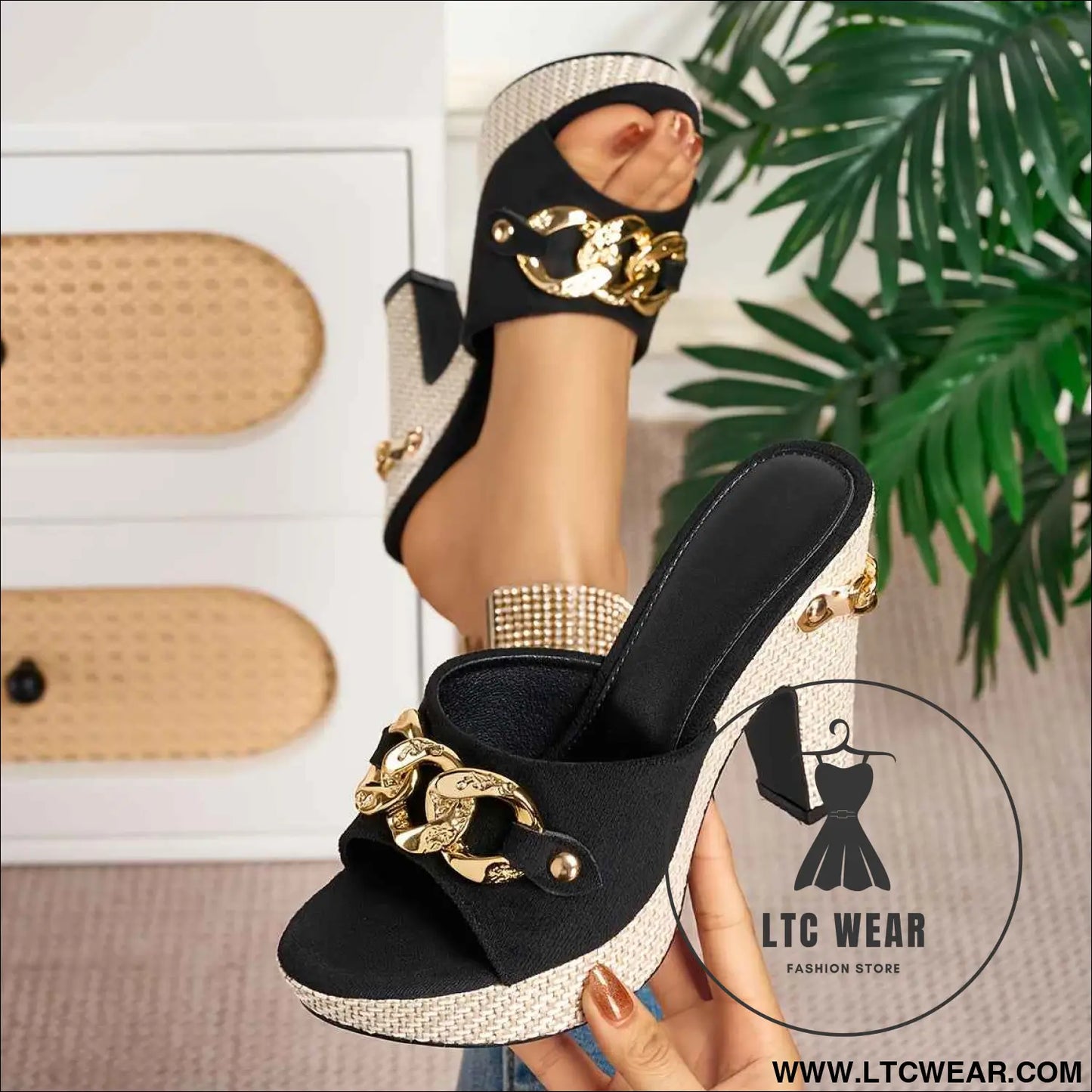 Chic Golden Buckle Chain High Heel Sandals