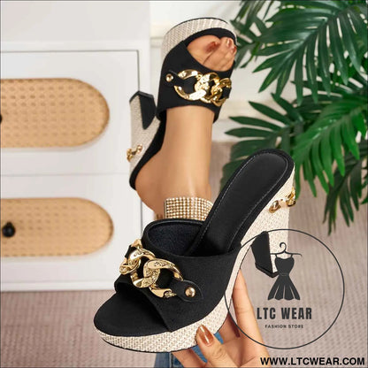 Chic Golden Buckle Chain High Heel Sandals
