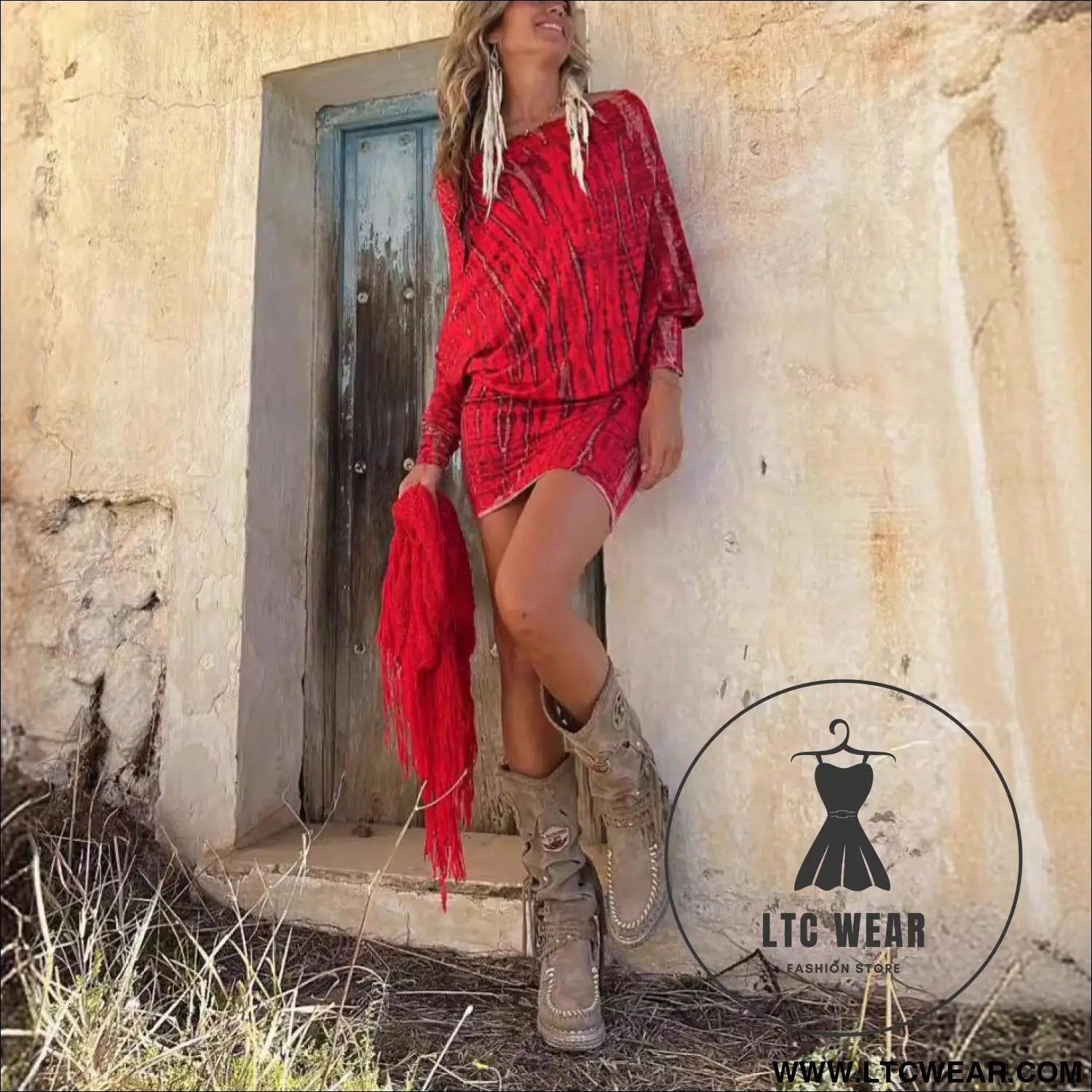 Chic one-shoulder batwing sleeve printed bodycon dress tie-dye mini skirt - red / s