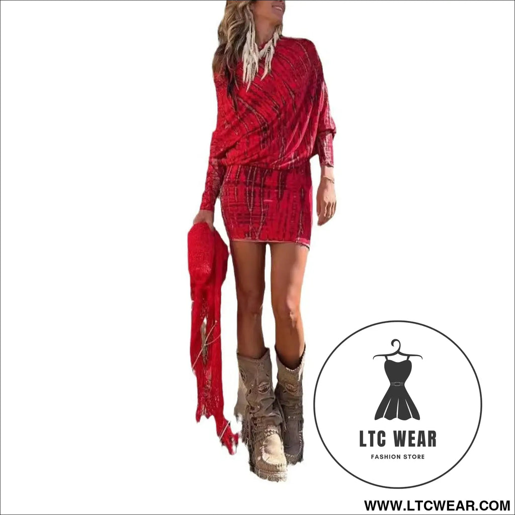 Chic one-shoulder batwing sleeve printed bodycon dress tie-dye mini skirt