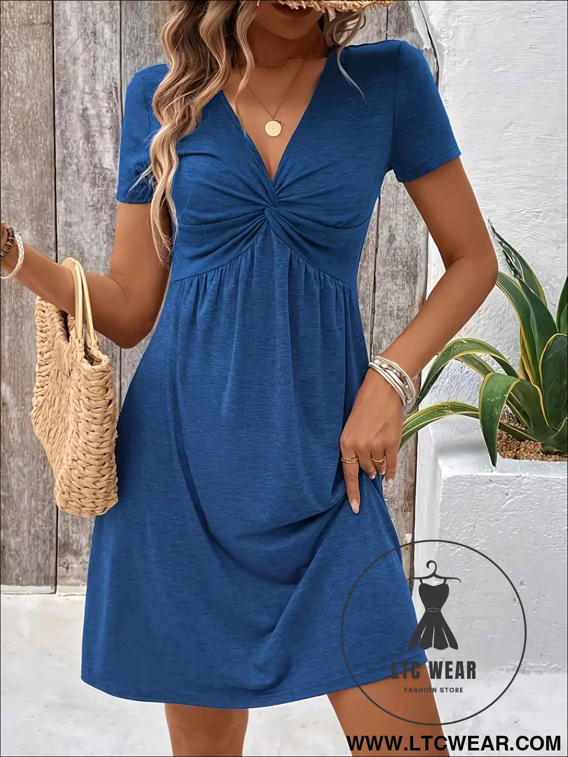 Chic Pleated Short Sleeve Womens Dress