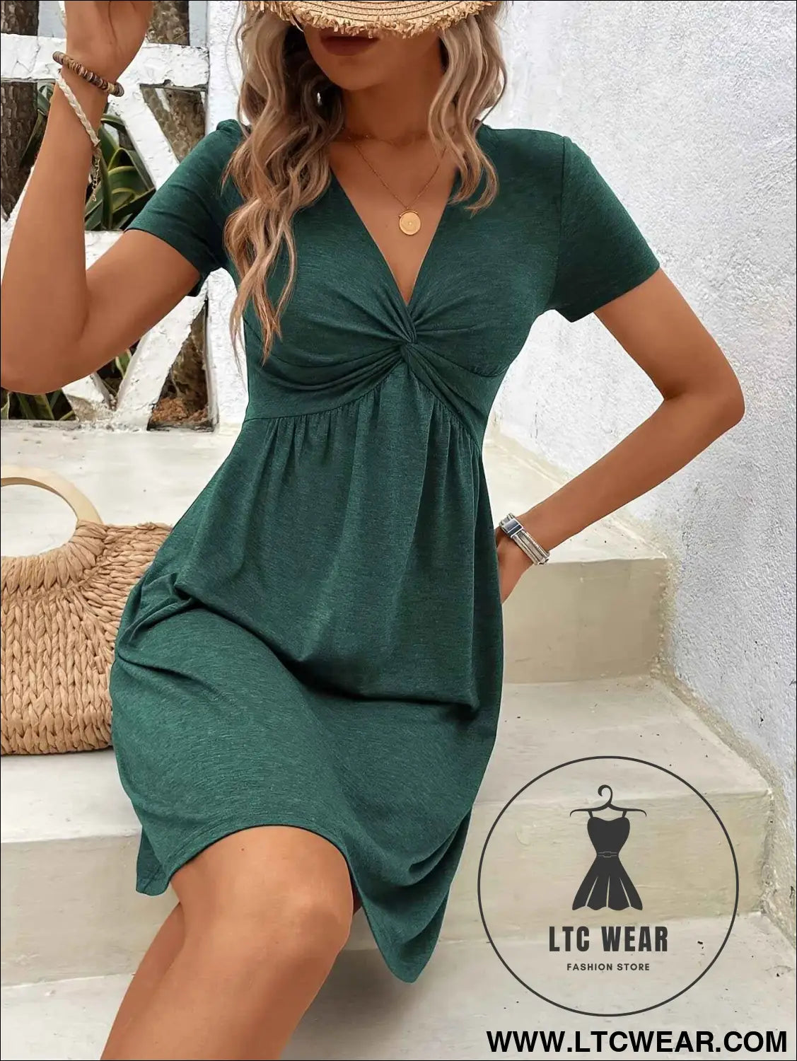 Chic Pleated Short Sleeve Womens Dress