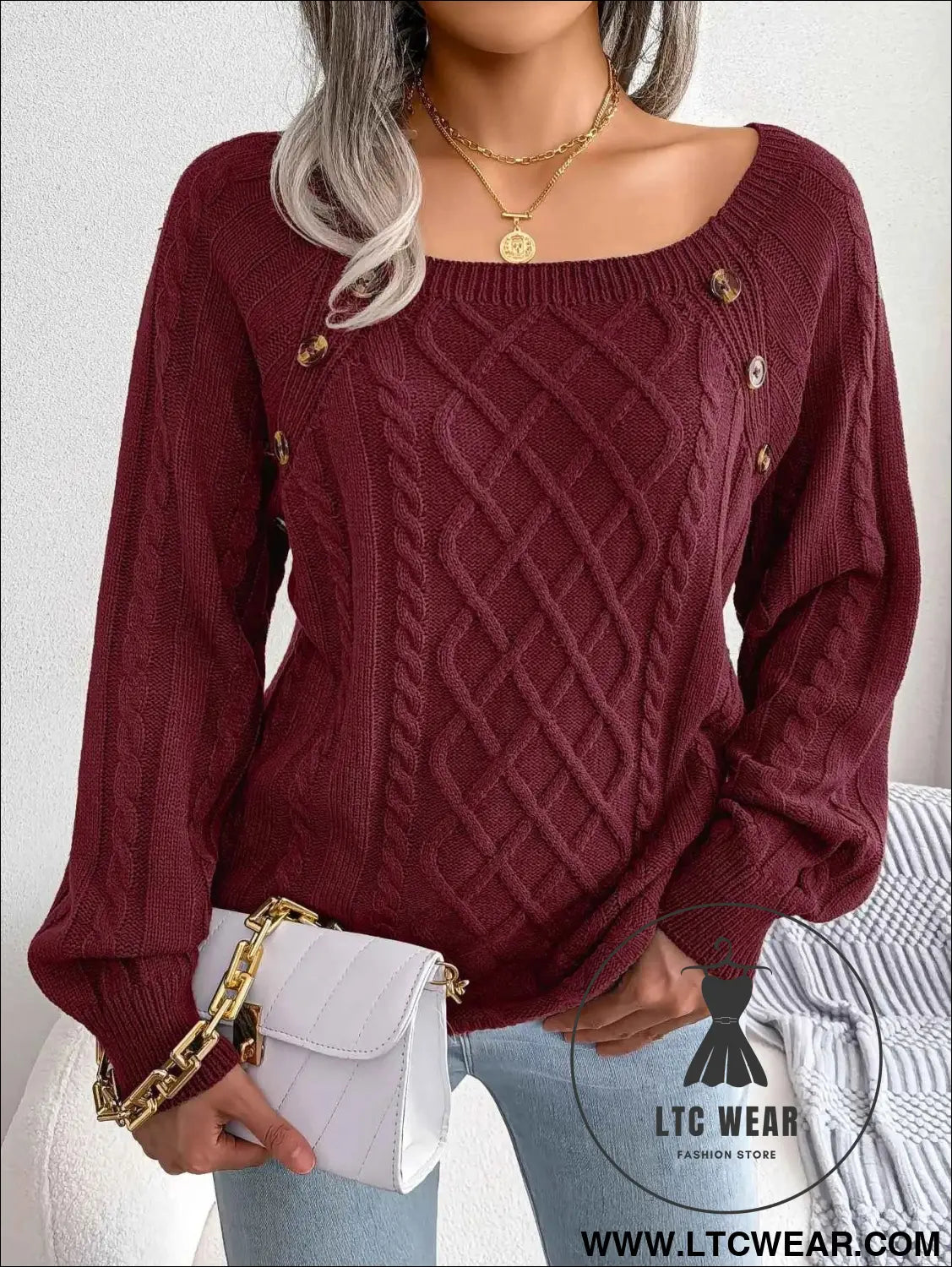 Chic Square Collar Knitted Pullover for Autumn & Winter