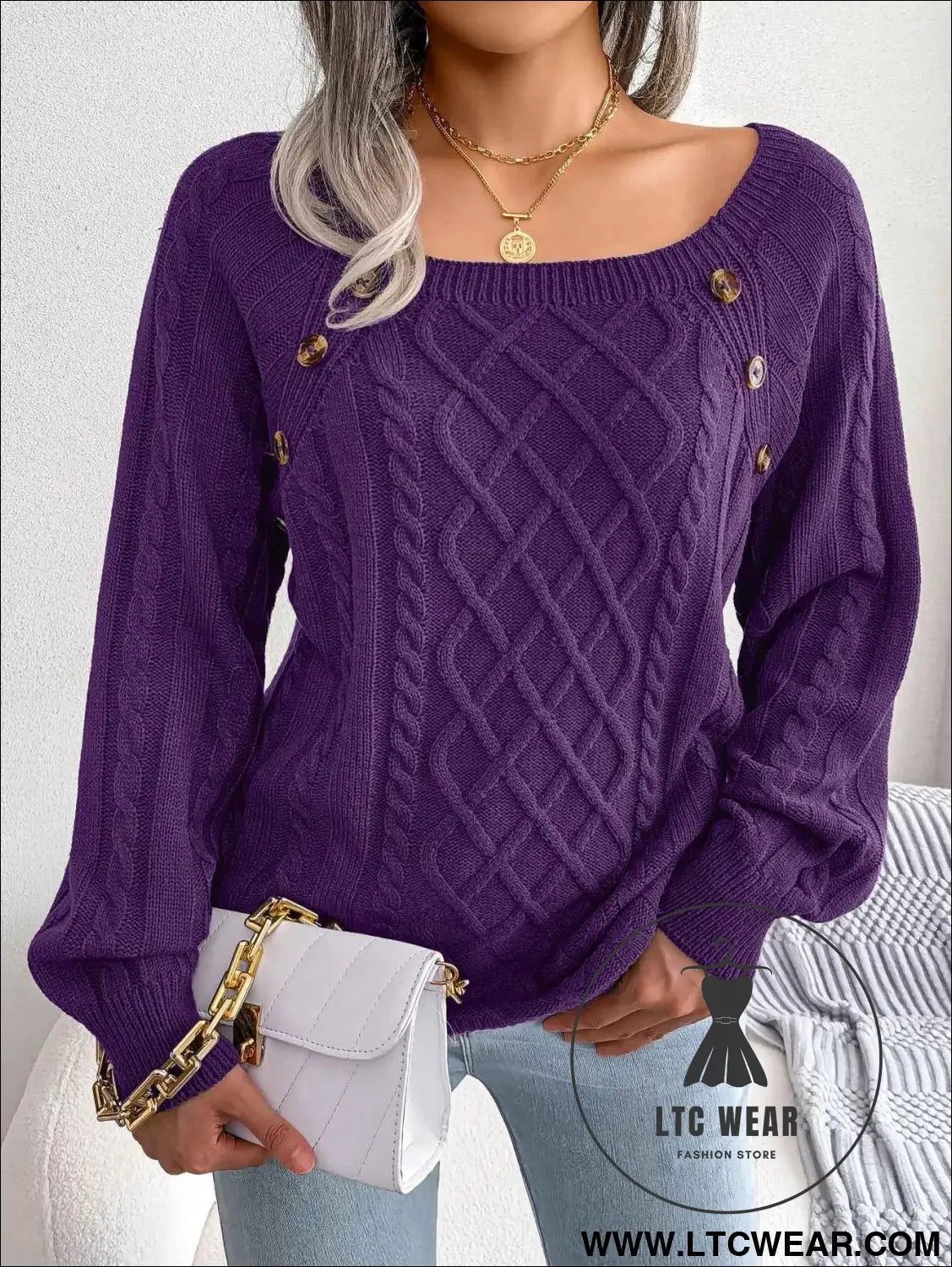 Chic Square Collar Knitted Pullover for Autumn & Winter