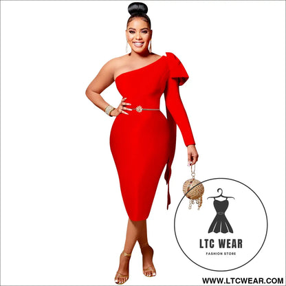 Chic Women's Single Long Sleeve Dress with Asymmetrical Neckline and Bow Ribbon Detail - L.T.C Wear Online Fashion Store