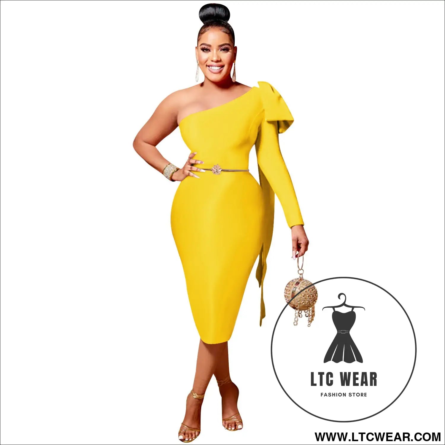Chic Women's Single Long Sleeve Dress with Asymmetrical Neckline and Bow Ribbon Detail - L.T.C Wear Online Fashion Store