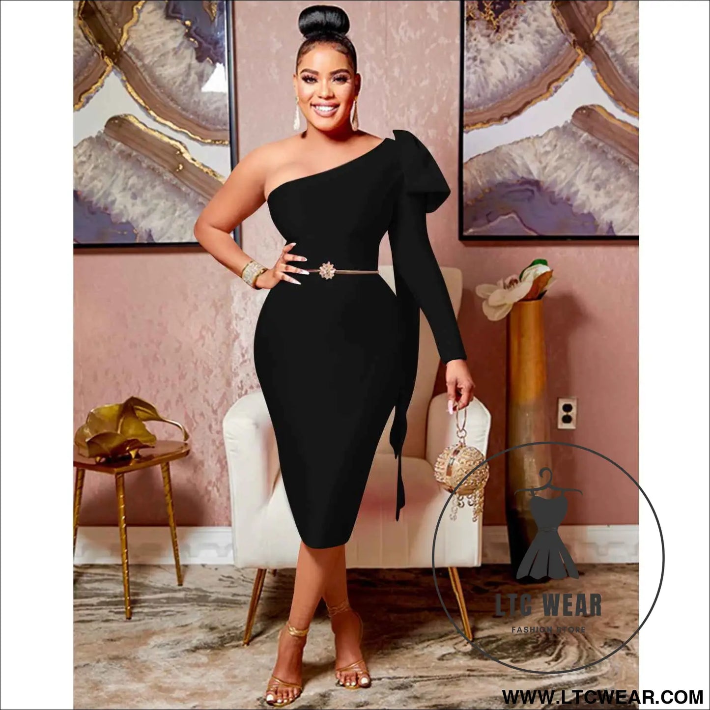 Chic Women's Single Long Sleeve Dress with Asymmetrical Neckline and Bow Ribbon Detail