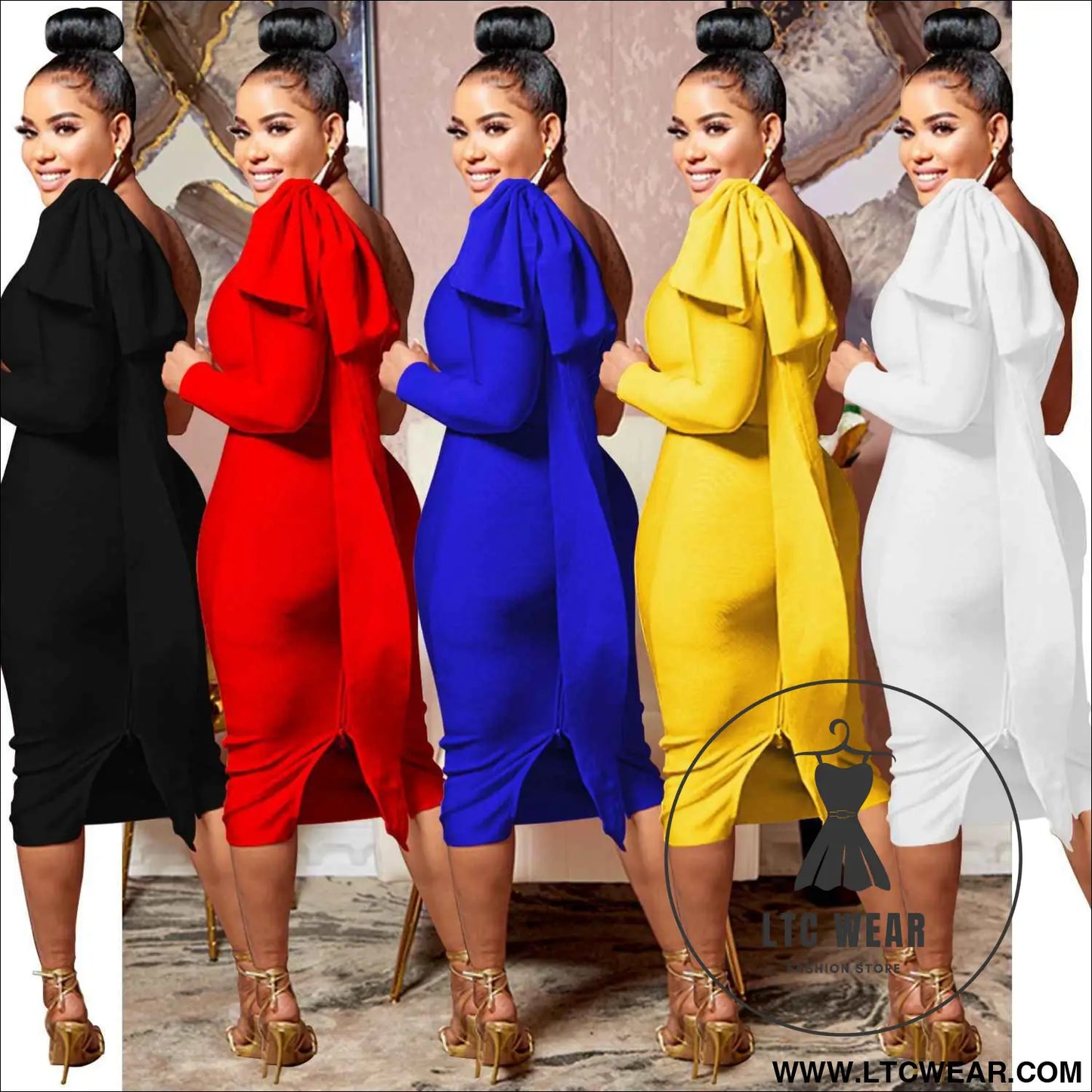 Chic Women's Single Long Sleeve Dress with Asymmetrical Neckline and Bow Ribbon Detail