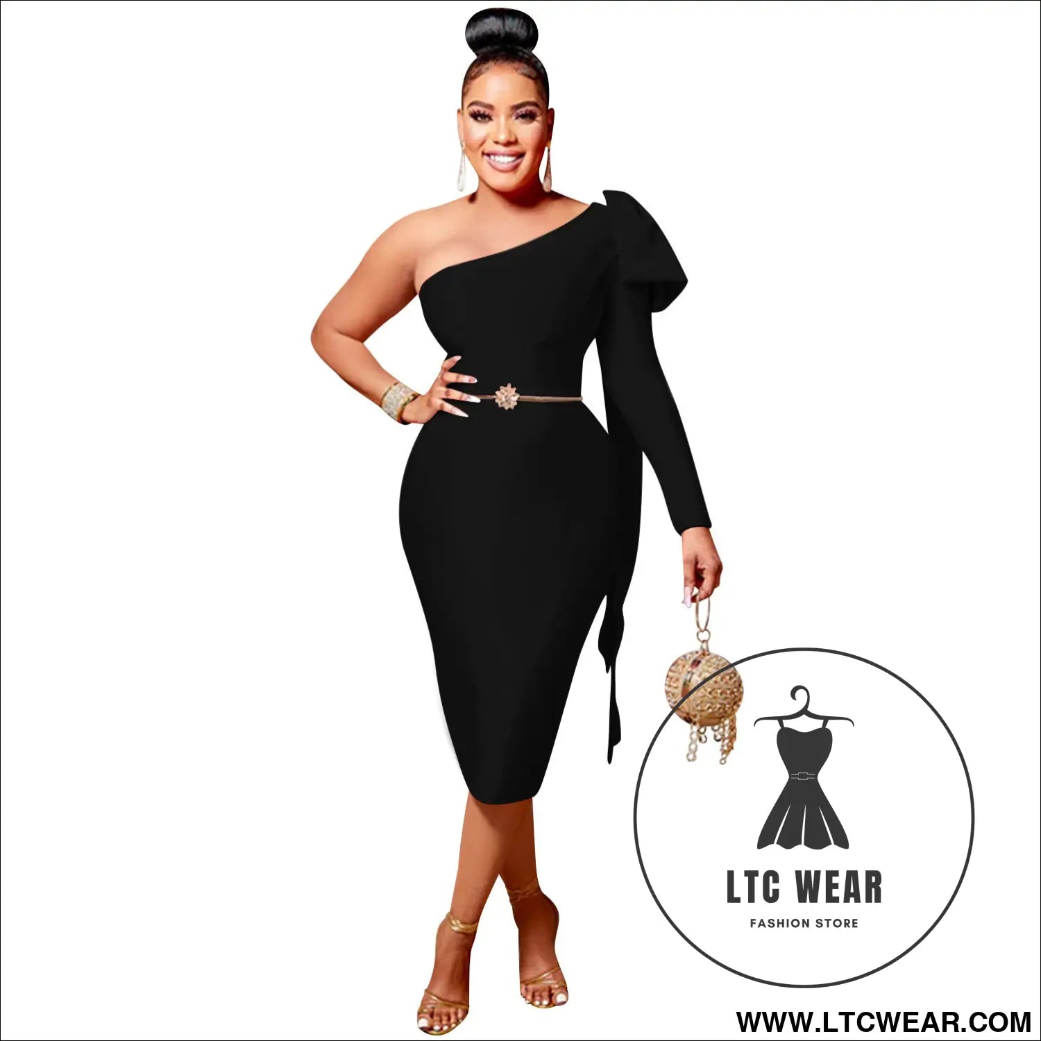 Chic Women's Single Long Sleeve Dress with Asymmetrical Neckline and Bow Ribbon Detail - L.T.C Wear Online Fashion Store