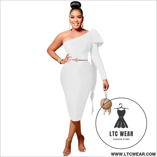Chic Women's Single Long Sleeve Dress with Asymmetrical Neckline and Bow Ribbon Detail