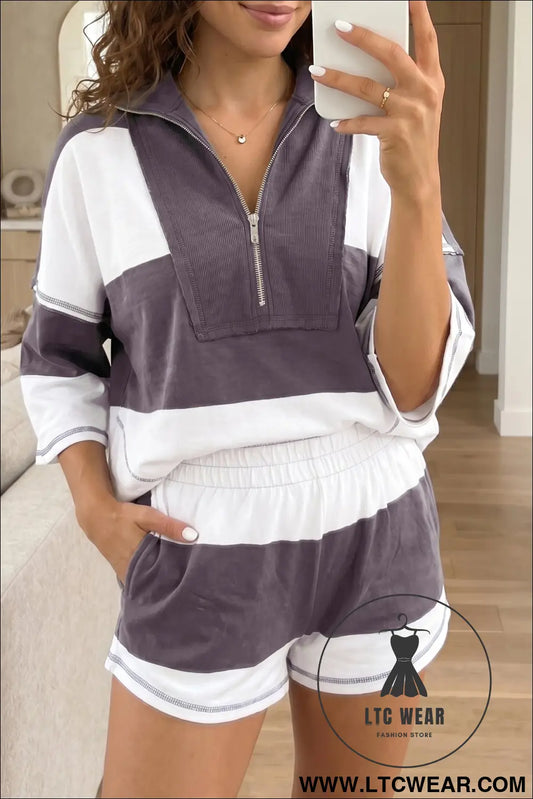 Chicory Coffee Exposed Seam Detail Half Sleeve Top Elastic Waist Shorts 2pcs Set
