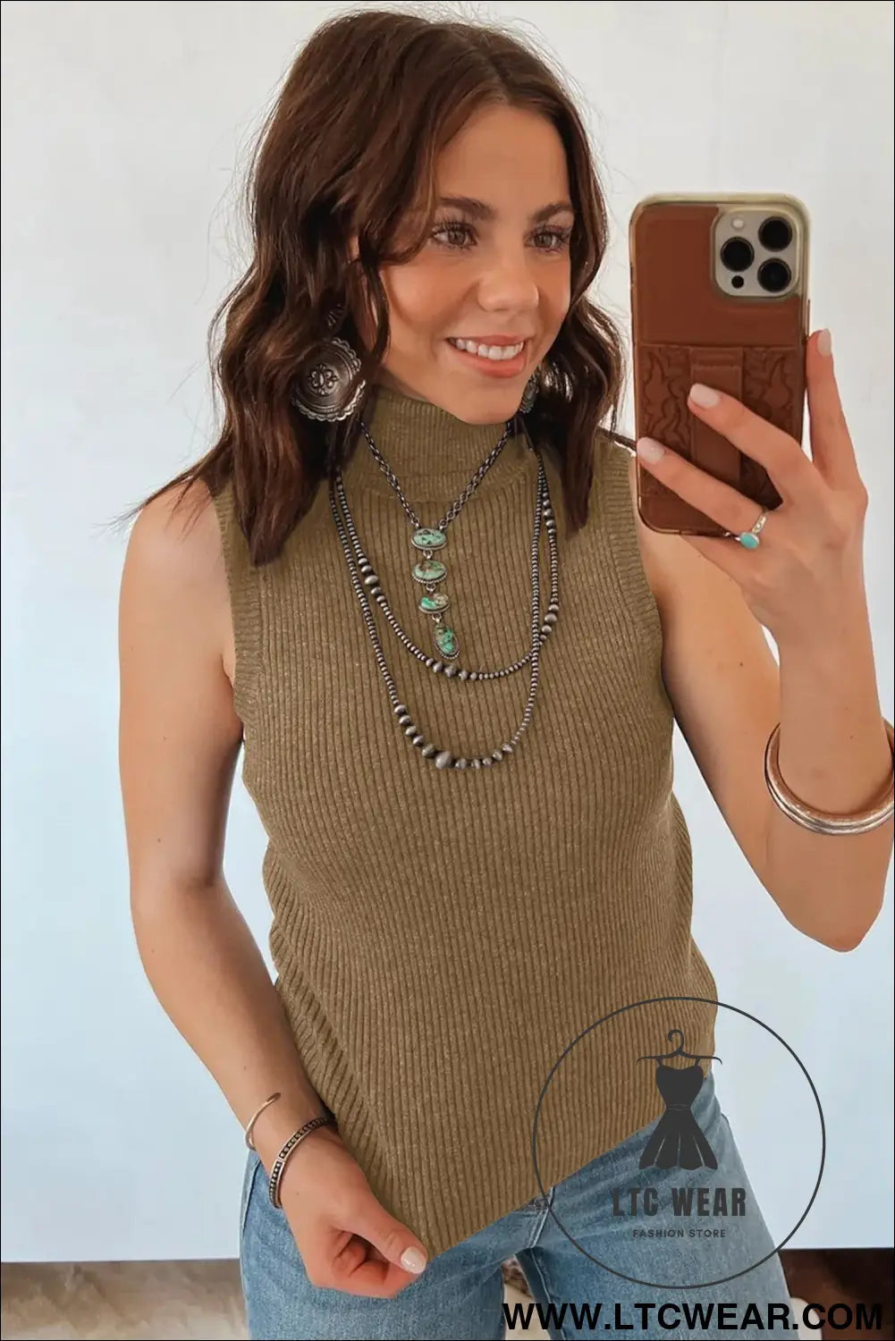 Chicory Coffee Western High Neck Sleeveless Ribbed Knit Vest Regular Fit Waist Slim Sheath One Piece Daily Wear - L.T.C Wear Online Fashion Store
