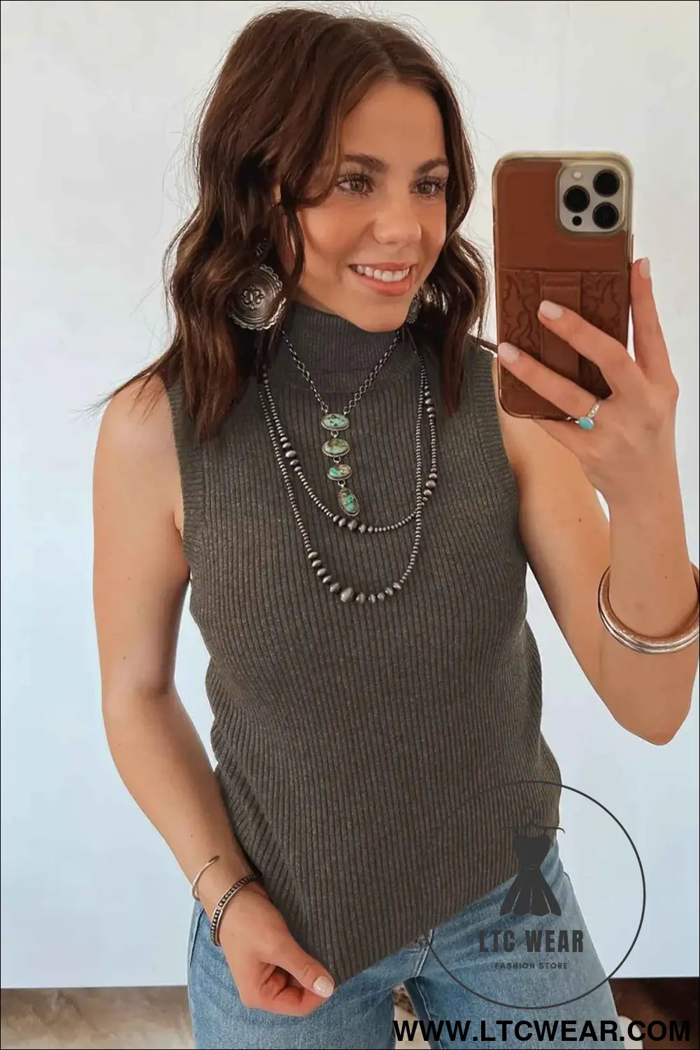 Chicory Coffee Western High Neck Sleeveless Ribbed Knit Vest Regular Fit Waist Slim Sheath One Piece Daily Wear