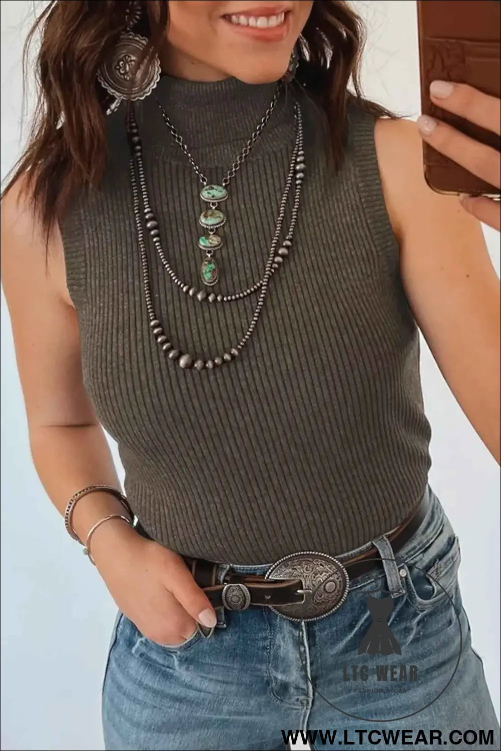 Chicory Coffee Western High Neck Sleeveless Ribbed Knit Vest Regular Fit Waist Slim Sheath One Piece Daily Wear
