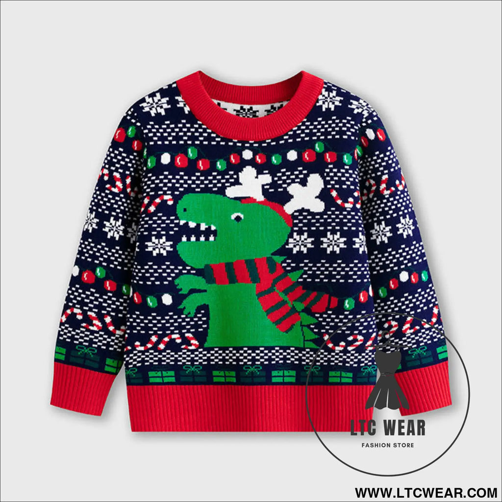 Children’s cartoon christmas dinosaur pullover sweater - navy blue / 3y(90cm）