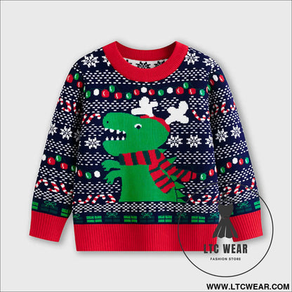 Children’s cartoon christmas dinosaur pullover sweater - navy blue / 3y(90cm）