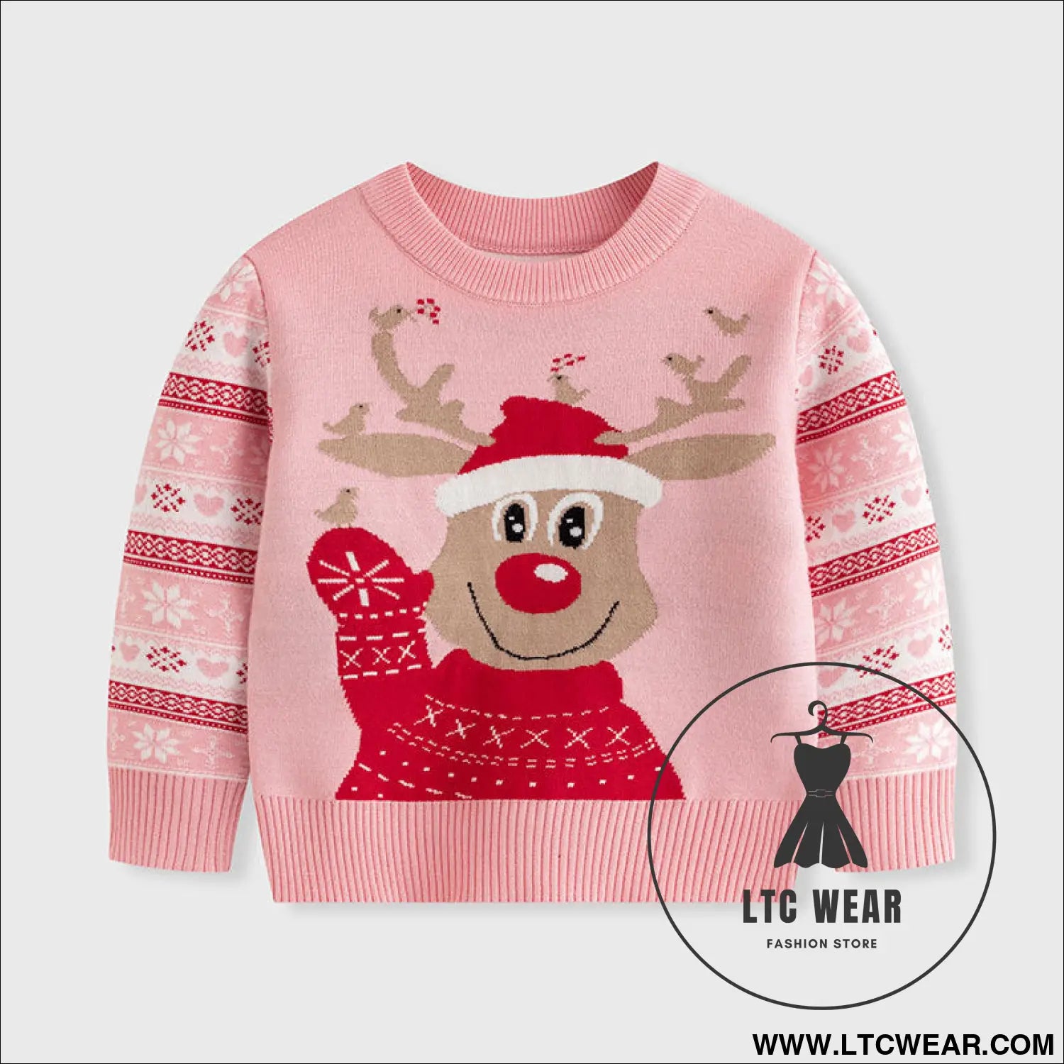 Children’s christmas cartoon reindeer knit sweater - pink / 3y(90cm）
