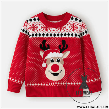 Children’s christmas sweater cartoon deer base pullover knit sweater - red / 3y(90cm）