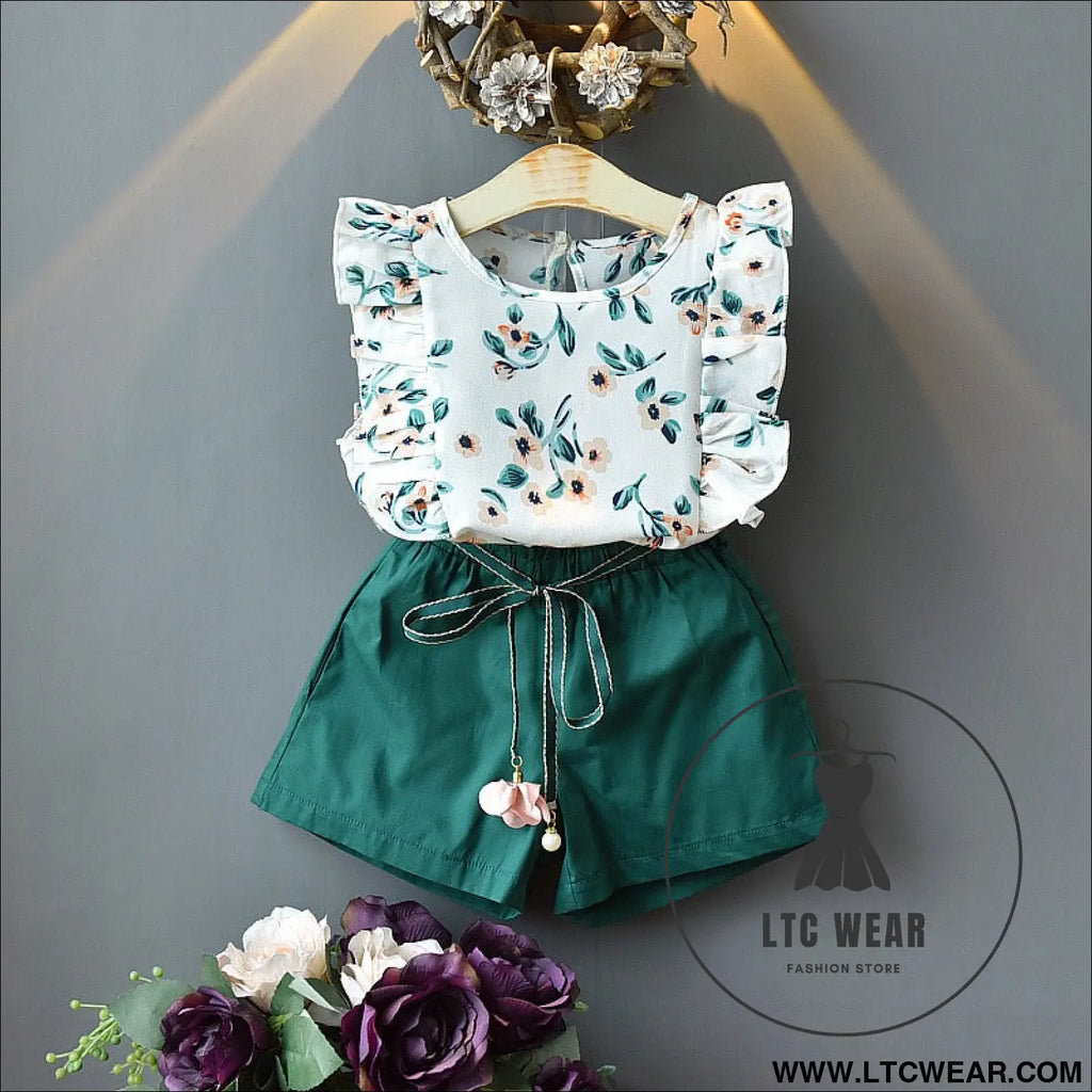 Children’s summer korean version of the girls’ suit lace sleeveless tops female baby loose shorts two-piece