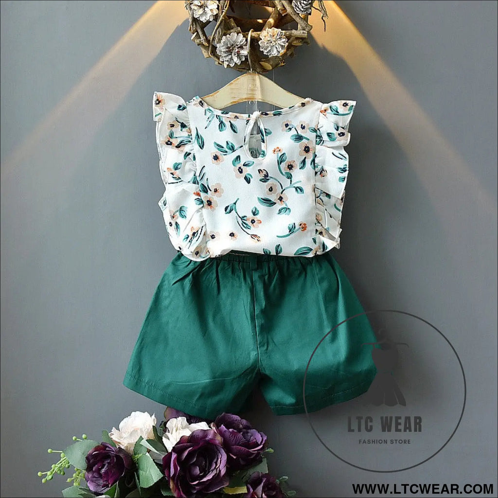 Children’s summer korean version of the girls’ suit lace sleeveless tops female baby loose shorts two-piece