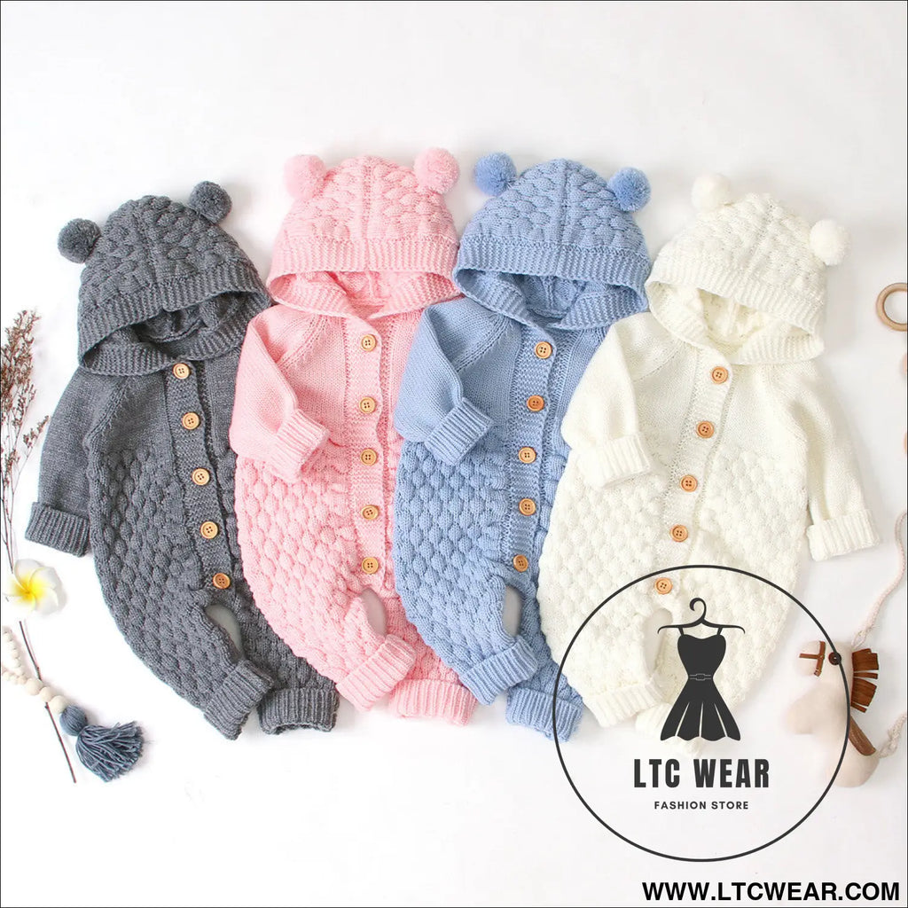 Children’s three-dimensional fur ball hooded solid color knitted jumpsuit