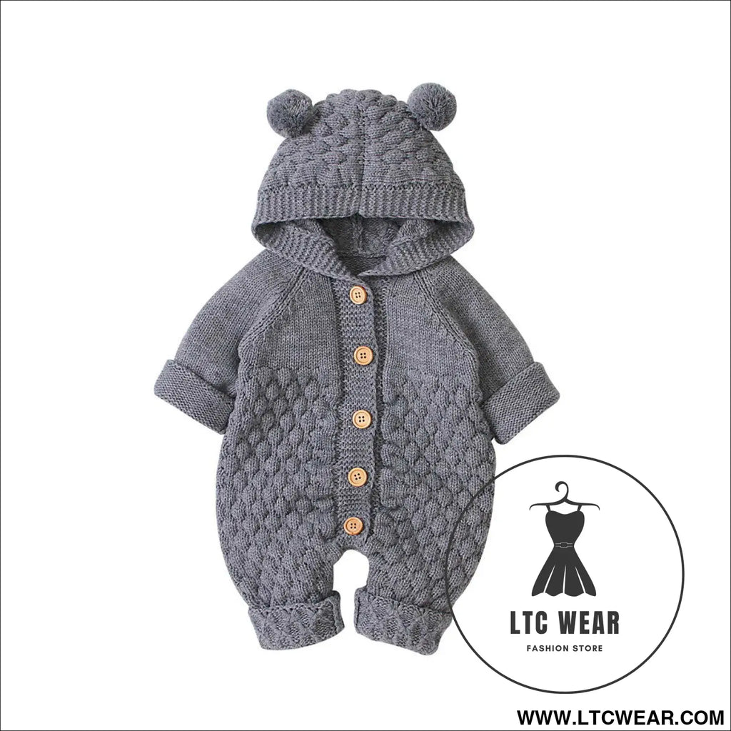 Children’s three-dimensional fur ball hooded solid color knitted jumpsuit - gray / 66cm