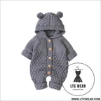 Children’s three-dimensional fur ball hooded solid color knitted jumpsuit - gray / 66cm