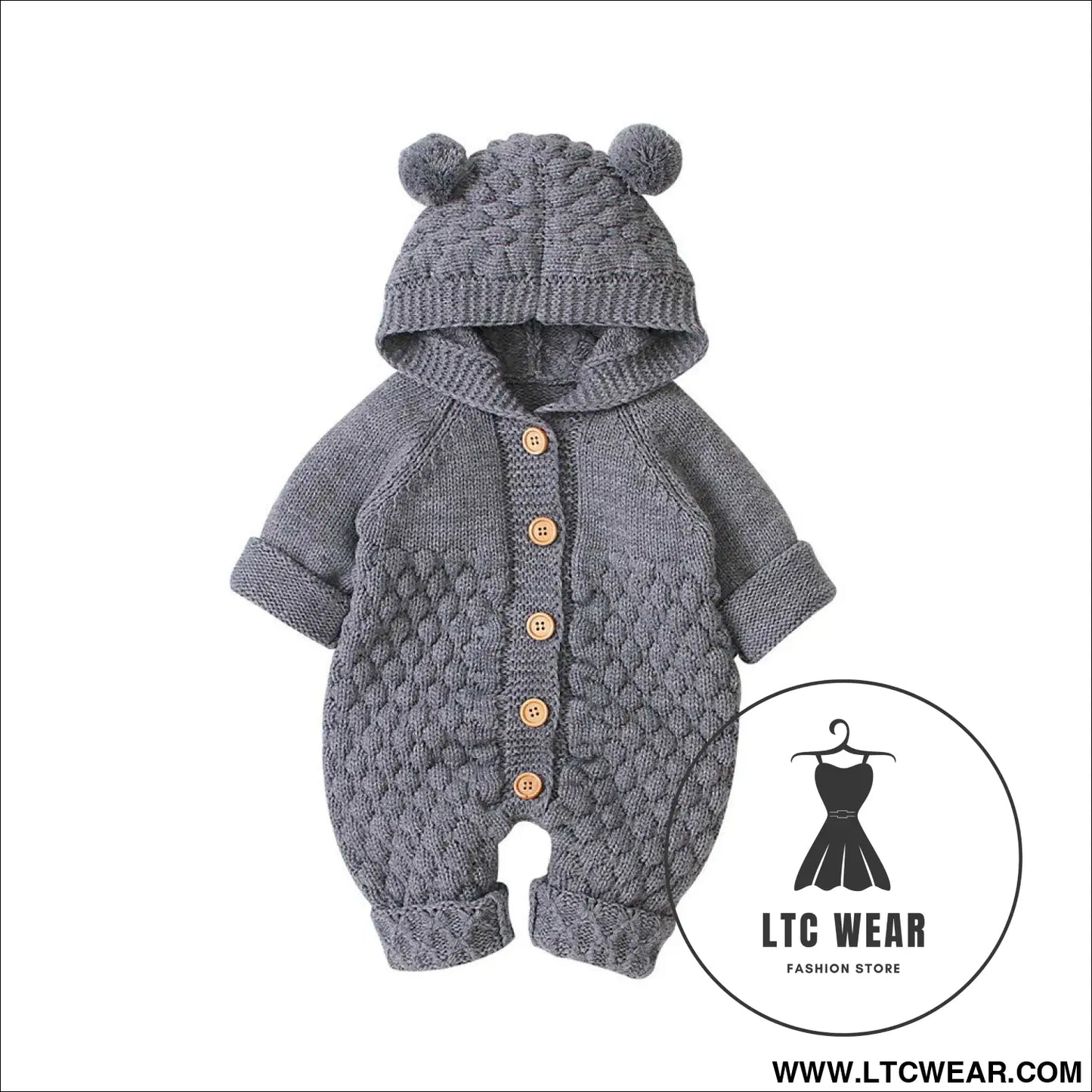 Children’s three-dimensional fur ball hooded solid color knitted jumpsuit - gray / 66cm
