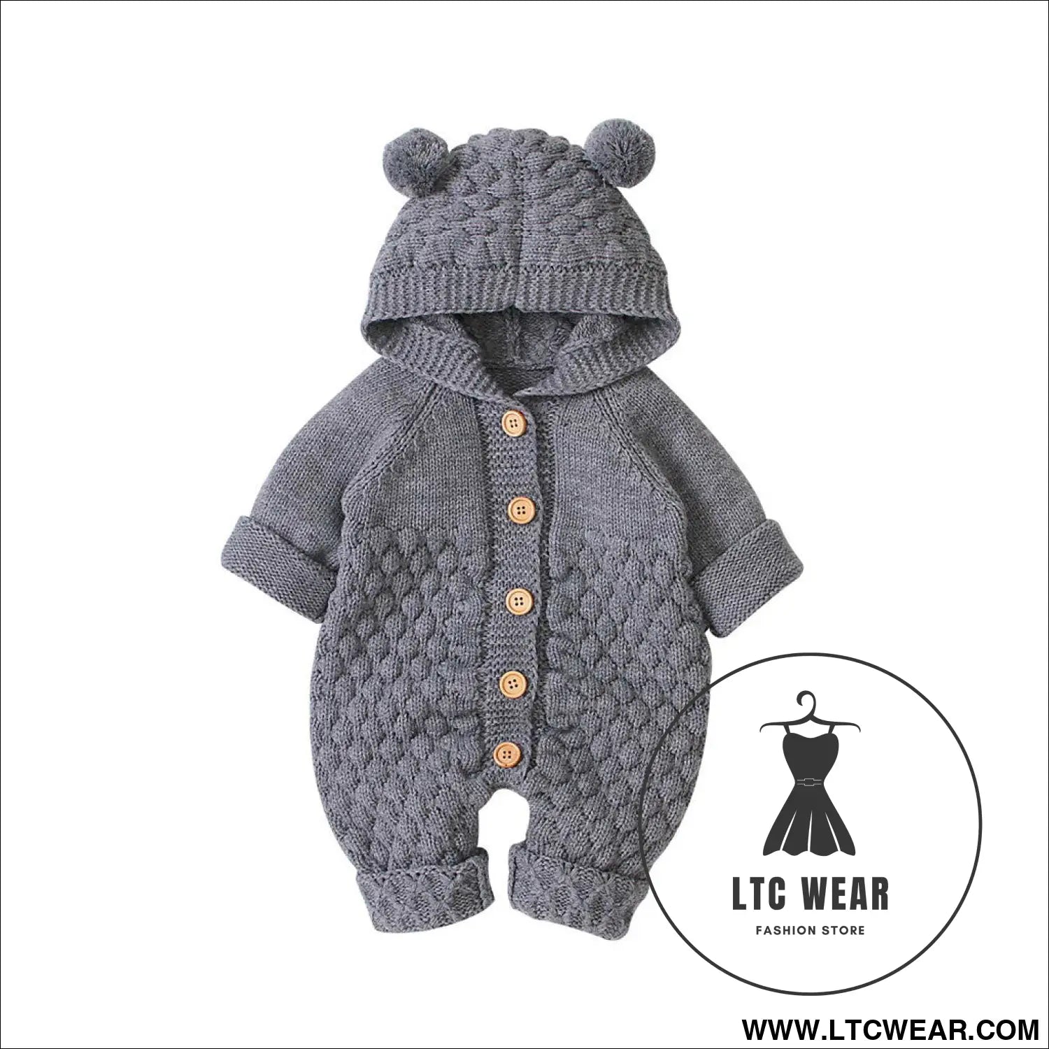 Children’s three-dimensional fur ball hooded solid color knitted jumpsuit - gray / 66cm