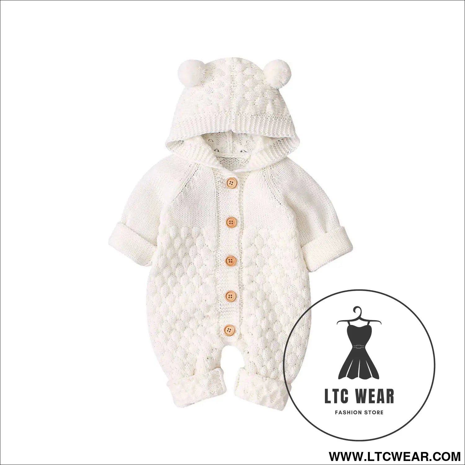 Children’s three-dimensional fur ball hooded solid color knitted jumpsuit - beige / 66cm